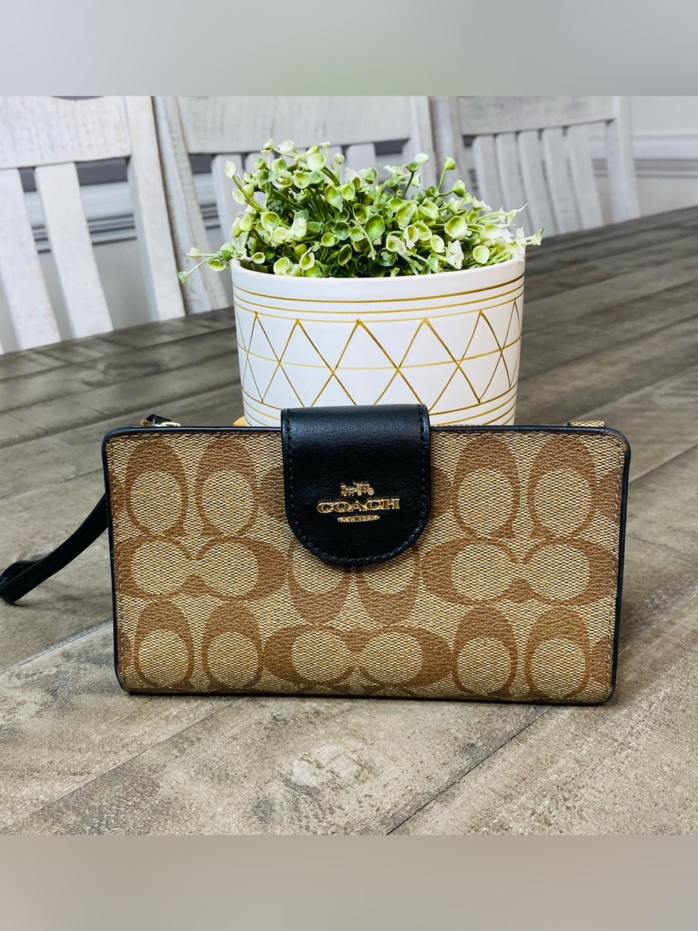Coach Tech Phone Wallet In Colorblock Signature Canvas Brown Black C2874